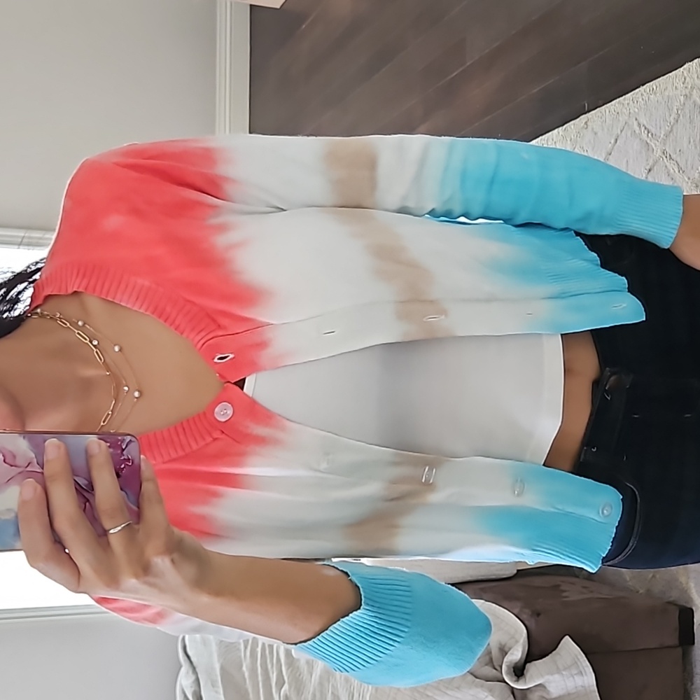 WOMEN'S CENTRAL PARK WEST TIE DYE RED WHITE BLUE CARDIGAN SWEATER TOP $120